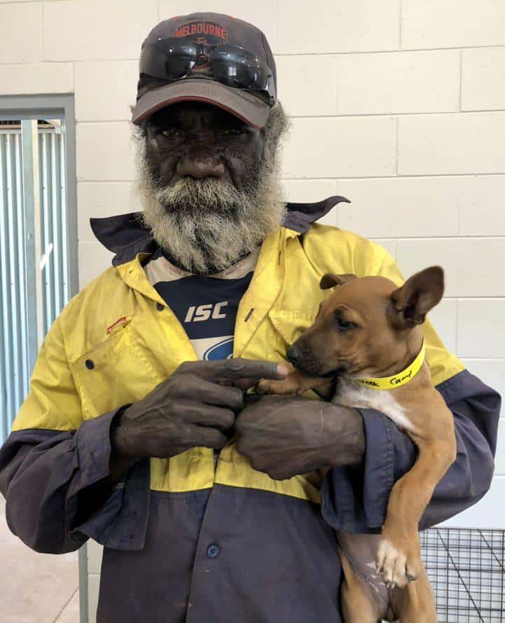 Thamarrurr Development Corporation Healthy Homes team member Marcellus Wundjar pictured holding a puppy in Wadeye.